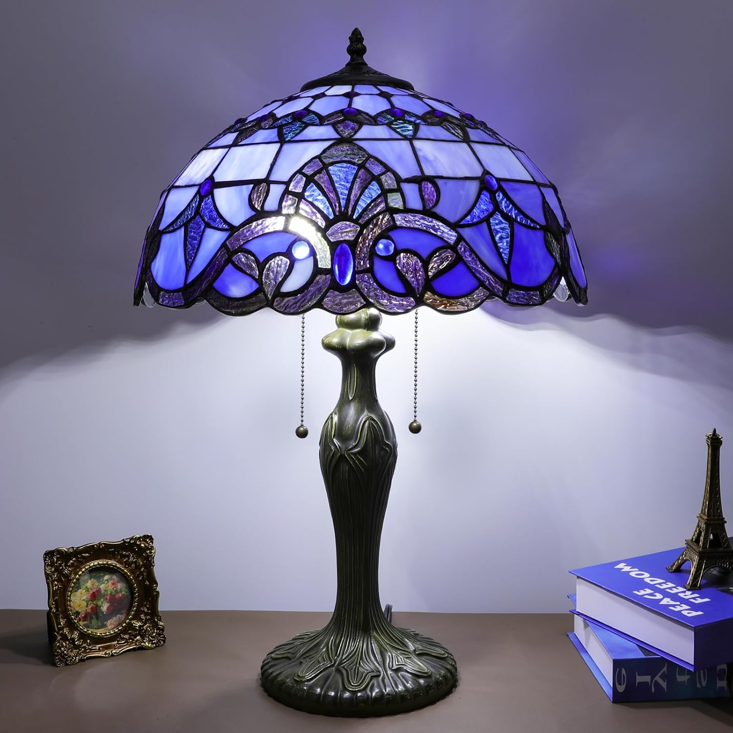 Stained Glass Table Lamp, Adjustable 3 Color Temperature,Blue Baroque Style Lampshade & Plant Texture Curve Antique Base Desk Reading Light 16X16X24 Inches Decor for Bedroom Living Room Office