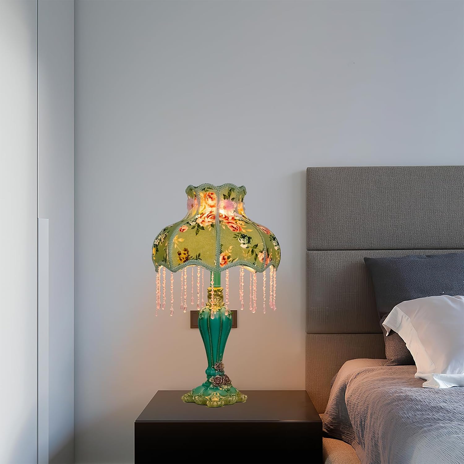 Lovely Table Lamp with Fabric Lampshade, Antique Flower Decorative Bedside Desk Lamp, Handmade Night Light for Bedroom Nightstand (Green)