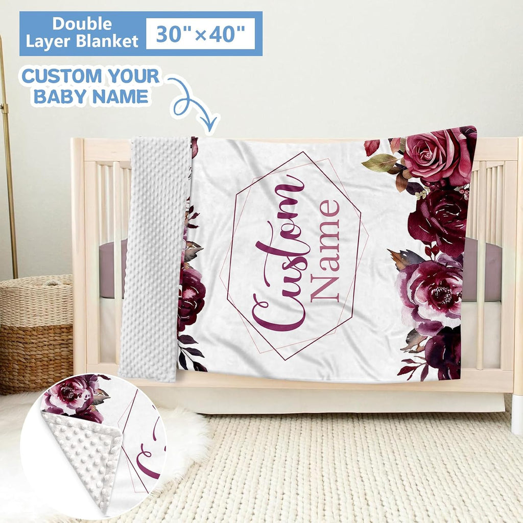 KAINSY Personalized Crib Bedding Set for Girls, 5 Pcs Nursery Bedding Crib Sets, Soft Custom Flowers Baby Crib Set with Name, Double Layer Baby Bedding Set Customized Gifts for Infants Toddlers Kids