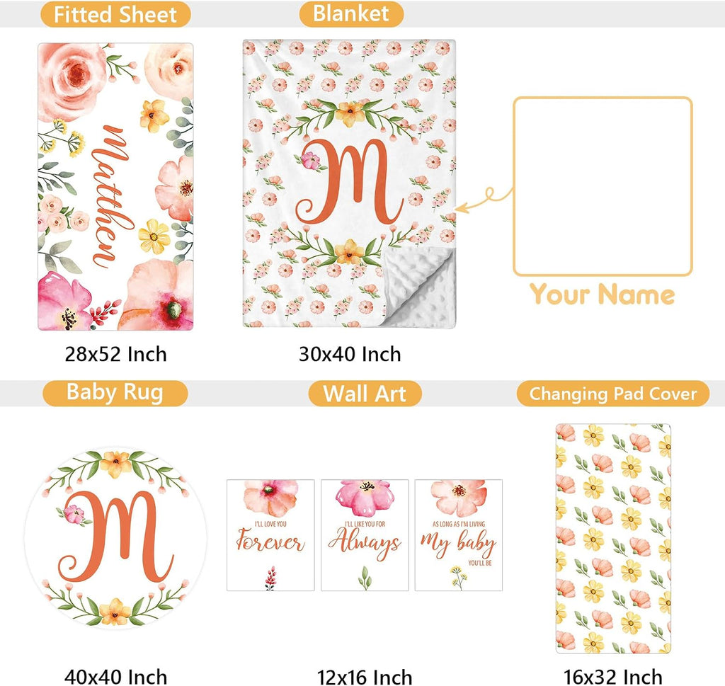 Terwex Custom Baby Bedding Set - 5 Pcs Customized Nursery Bedding Set with Name - Comfortable Double Layer Crib Sets for Girls Boys - Personalized Gifts for Toddler Infant New Parents - Orange Flowers