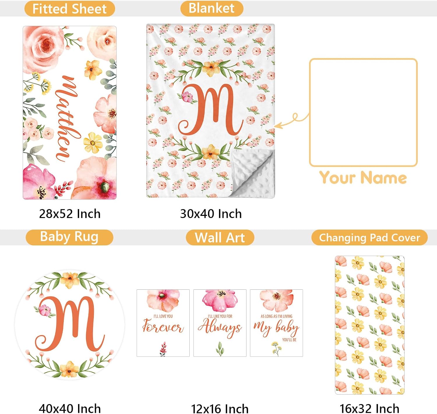 Terwex Custom Baby Bedding Set - 5 Pcs Customized Nursery Bedding Set with Name - Comfortable Double Layer Crib Sets for Girls Boys - Personalized Gifts for Toddler Infant New Parents - Orange Flowers