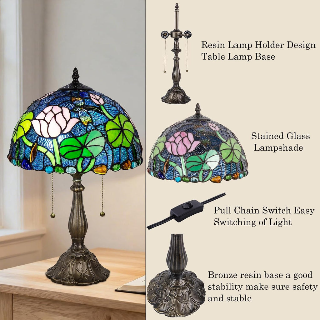 Tiffany Table Lamp, Flower Stained Glass Lamp,12 Inch Tiffany Style Lamp for Bedroom Living Room Home, Handcrafted Light, Included Bulb