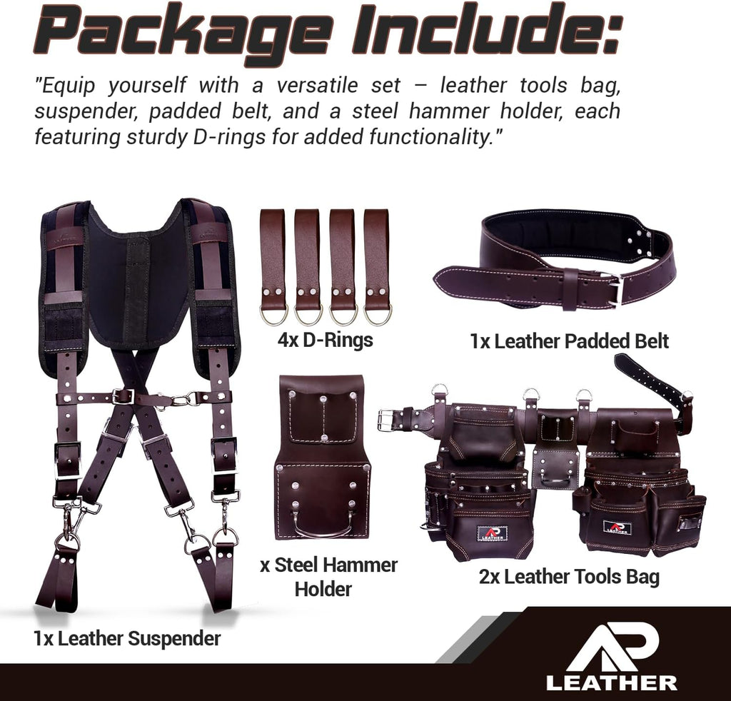 Tool Belt for Men – 4MM Full-Grain Geniune Leather | Brass Hardware | Foam-Padded Comfort Tool Pouch | 28-Pocket Carpenter & Framing Rig with Suspender Support | Waist Size 32' – 52'