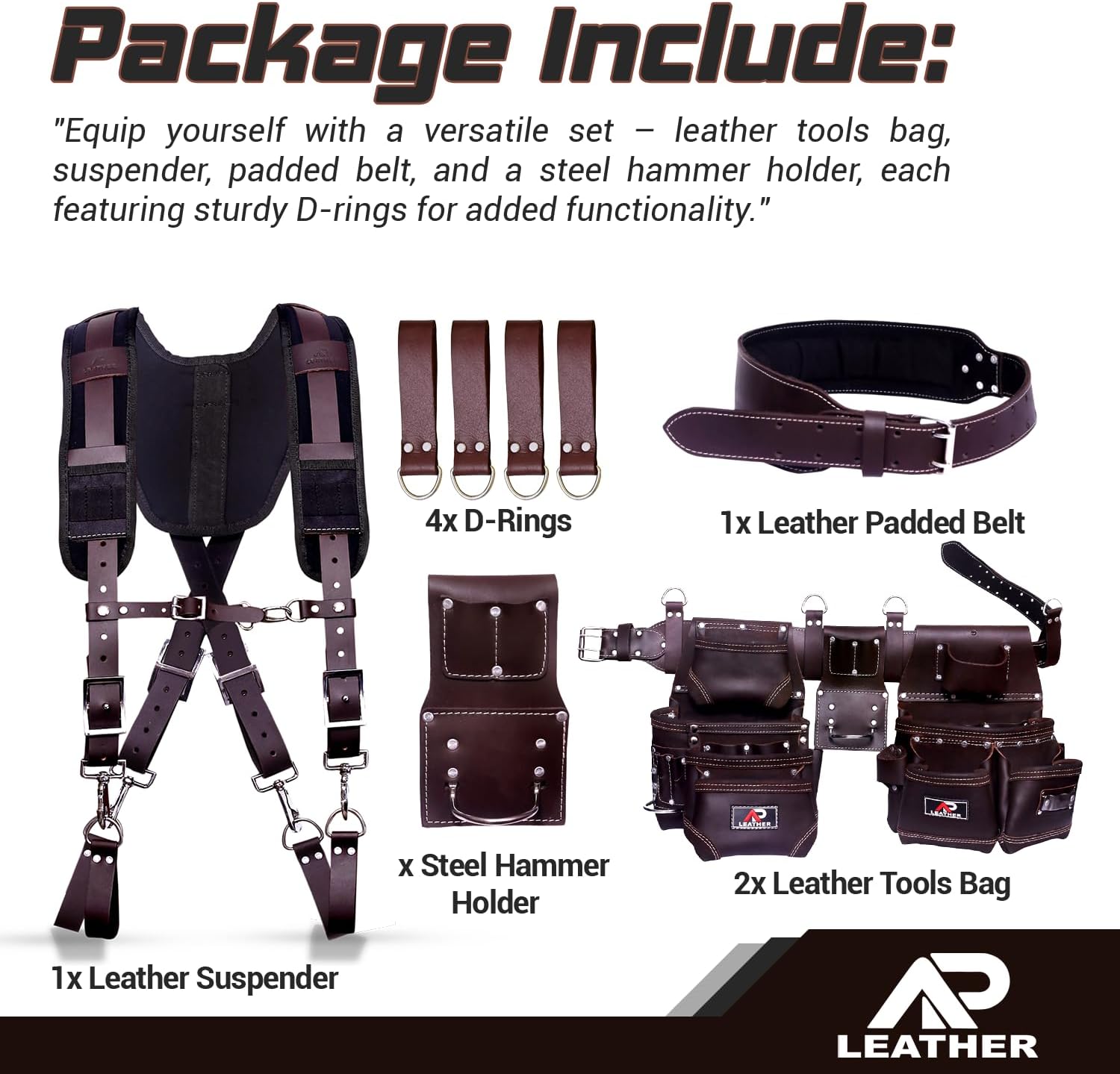 Tool Belt for Men – 4MM Full-Grain Geniune Leather | Brass Hardware | Foam-Padded Comfort Tool Pouch | 28-Pocket Carpenter & Framing Rig with Suspender Support | Waist Size 32' – 52'