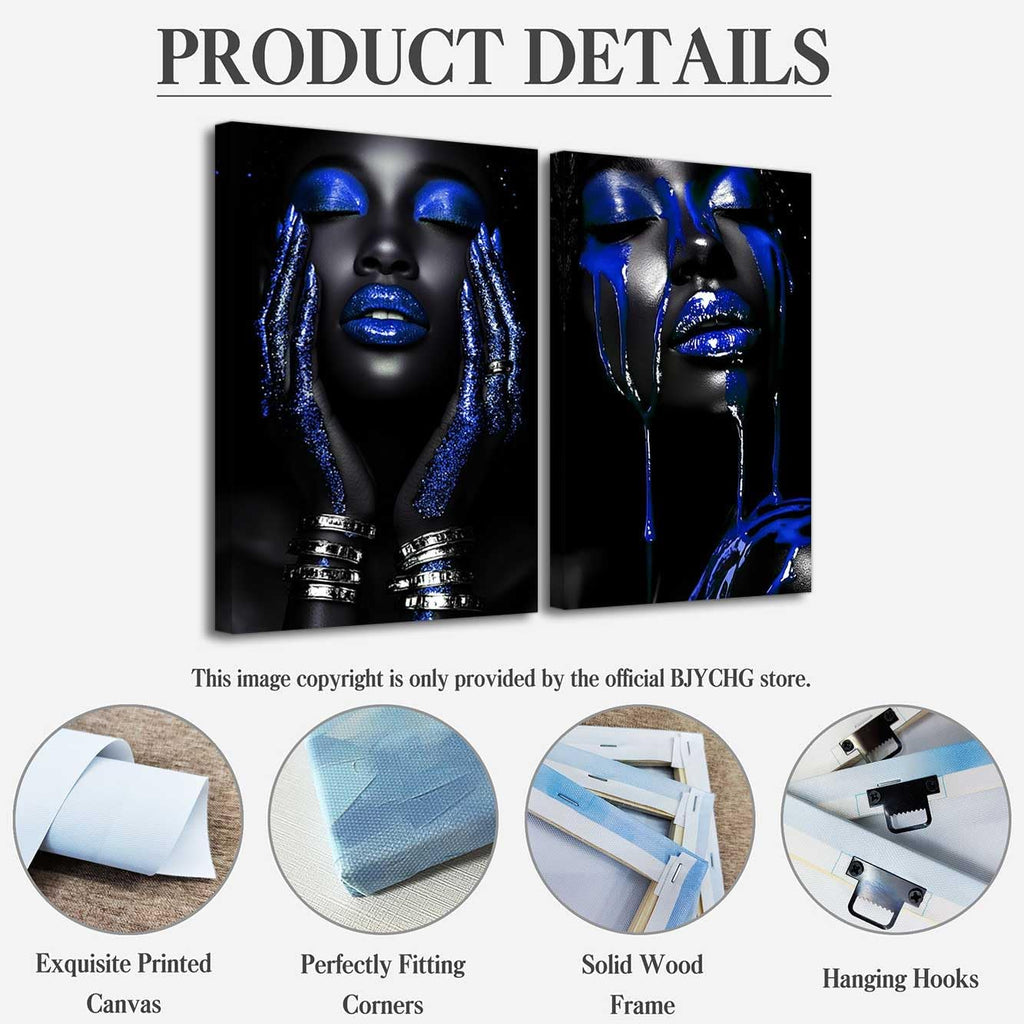BJYCHG 2Pcs African American Canvas Wall Art Abstract Black Woman Face Painting Prints Fashion Black Female Portrait Poster Pictures Modern Girl Bedroom Room Decor (Blue, (24x36inx2 Pieces))