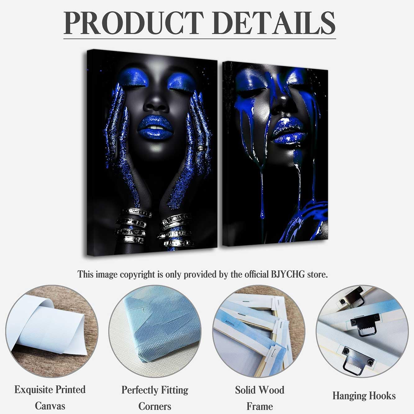 BJYCHG 2Pcs African American Canvas Wall Art Abstract Black Woman Face Painting Prints Fashion Black Female Portrait Poster Pictures Modern Girl Bedroom Room Decor (Blue, (24x36inx2 Pieces))