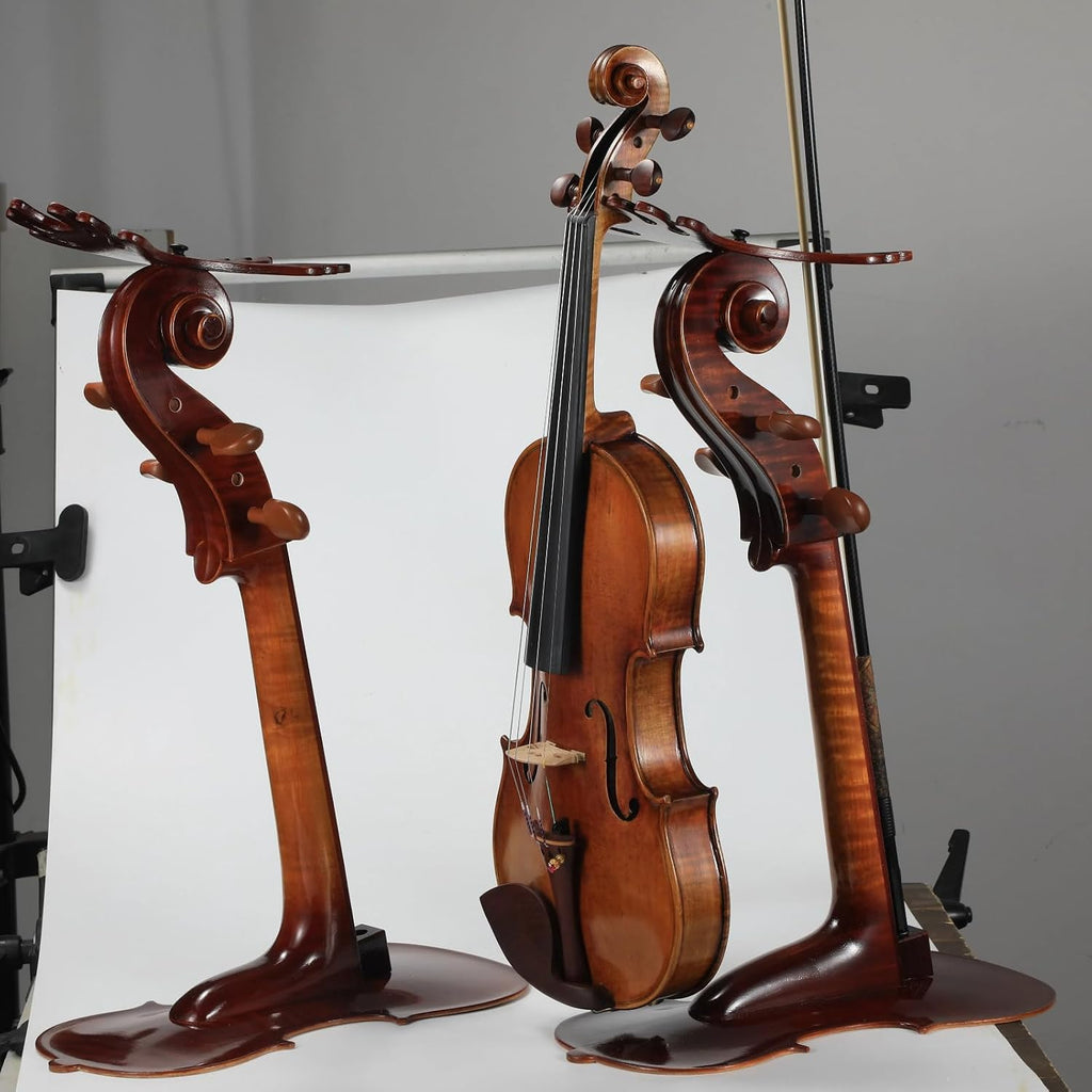 Solid Wood Violin Stand with Bow Holder - No Assembly Needed, Heavy-Duty 4/4 Size Display, Handcrafted Cut-Out Design for Home/Studio/Stage