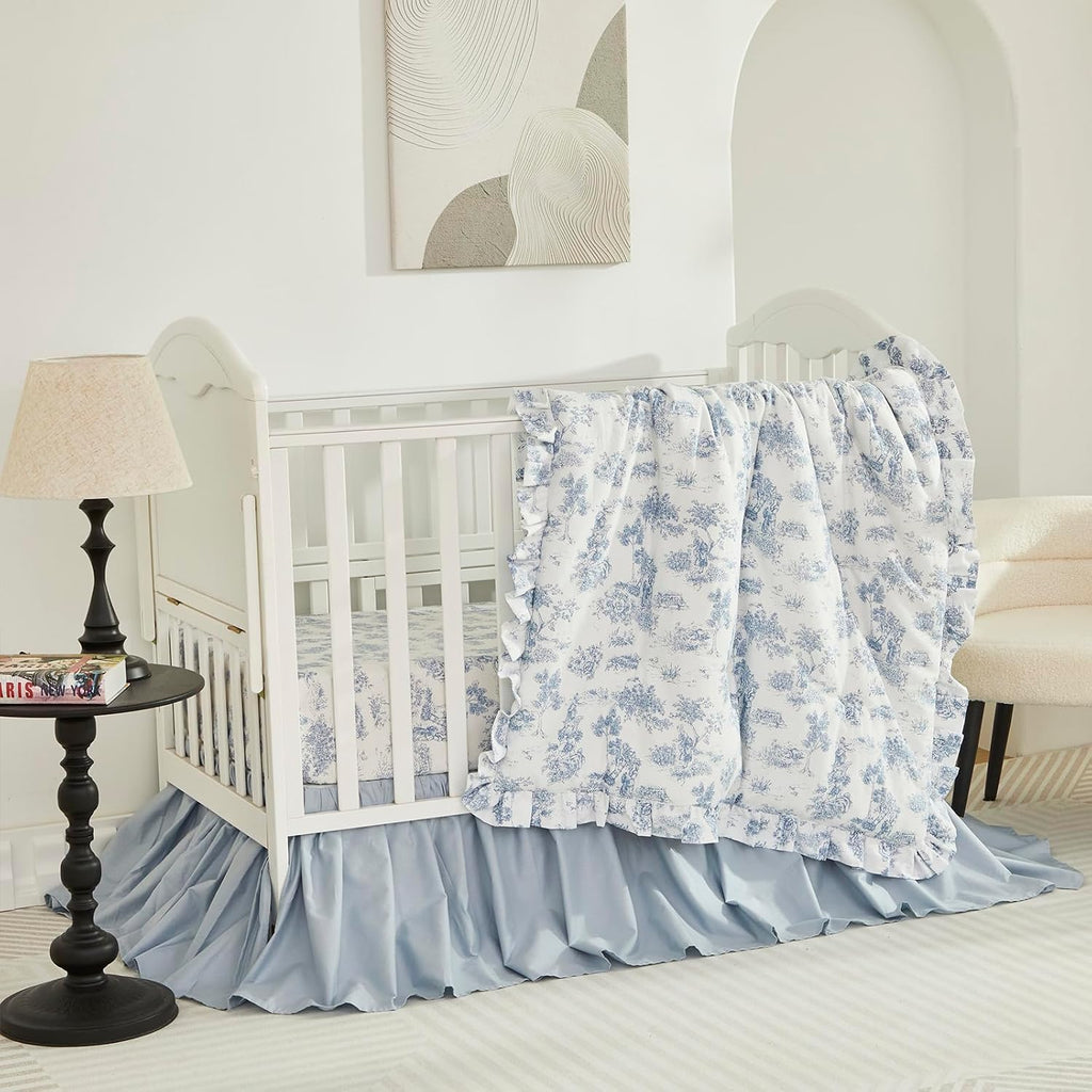 Brandream French Country Toile Crib Bedding Set for Girls Vintage Blue Toile Floral Print 100% Cotton Baby Girl Nursery Bedding Collection - Ruffles Quilt,Toile Crib Sheet,Crib Bed Skirt 3 Pieces