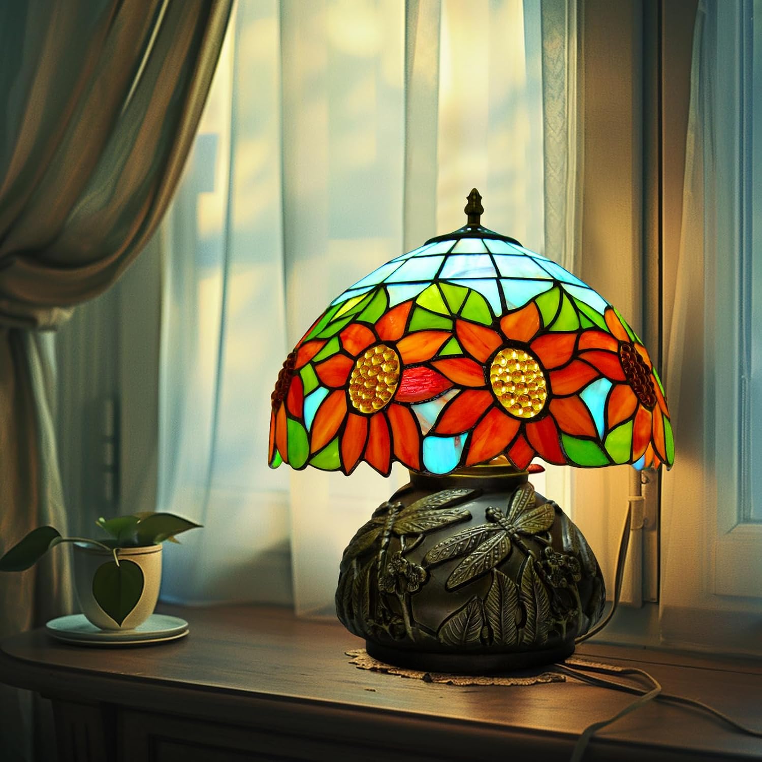 Tiffany Table Lamp,12 Inch Stained Glass Table Lamp,Mushroom Style Vintage Desk Lights Included E26 LED with Remote Control for Bedside,Bedroom,Living Room(Sunflower)