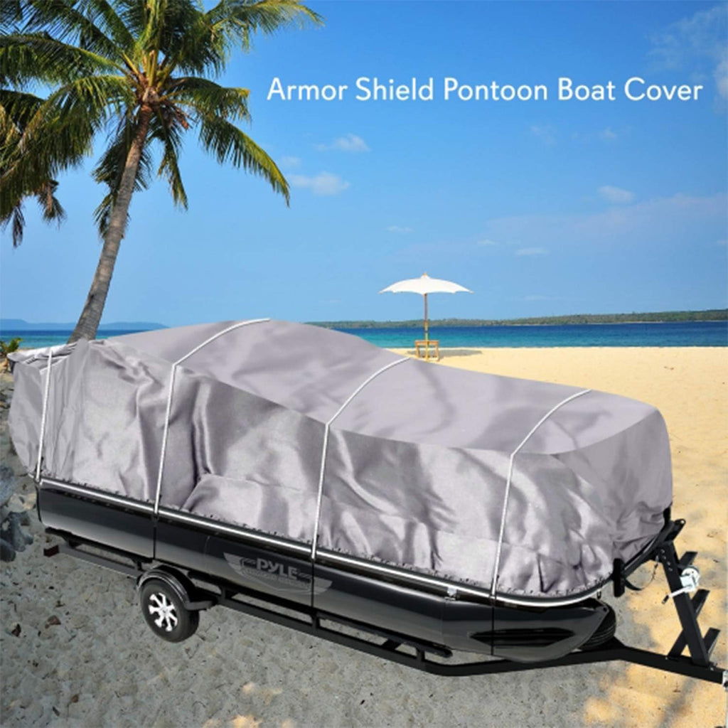 Pyle Universal Boat Adjustable Storage Cover - 25'-28'L to 96' Pontoon Boats Protection Custom Heavy Duty Waterproof Polyester Fabric, Snap Strap, Elastic Cord, Bag