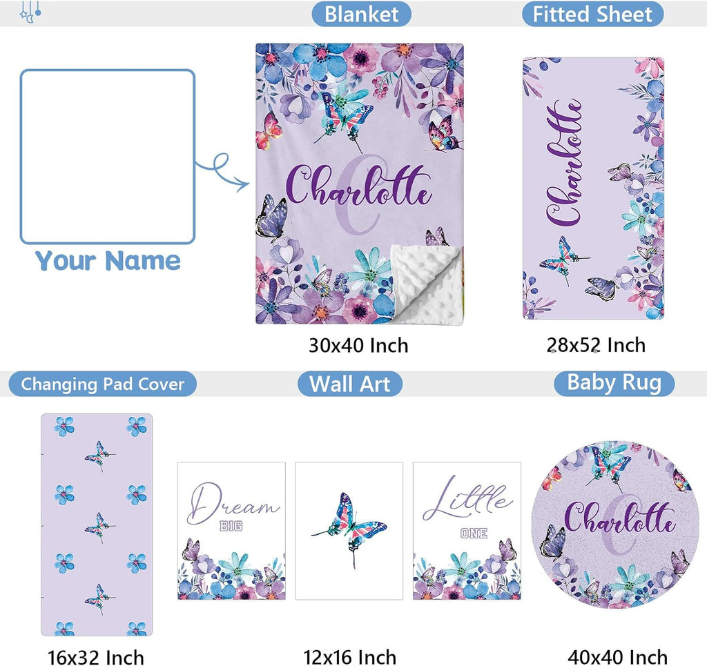 KAINSY Personalized 5-Piece Crib Set, Custom Bedding With Name for Girls, Purple Butterfly Nursery Set, Gifts for Infants, Toddlers, New Parents