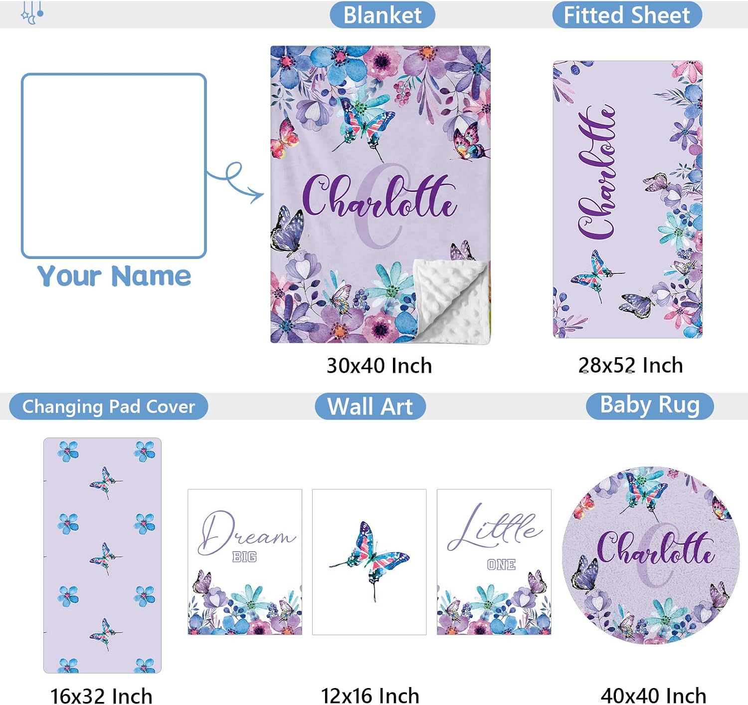 KAINSY Personalized 5-Piece Crib Set, Custom Bedding With Name for Girls, Purple Butterfly Nursery Set, Gifts for Infants, Toddlers, New Parents