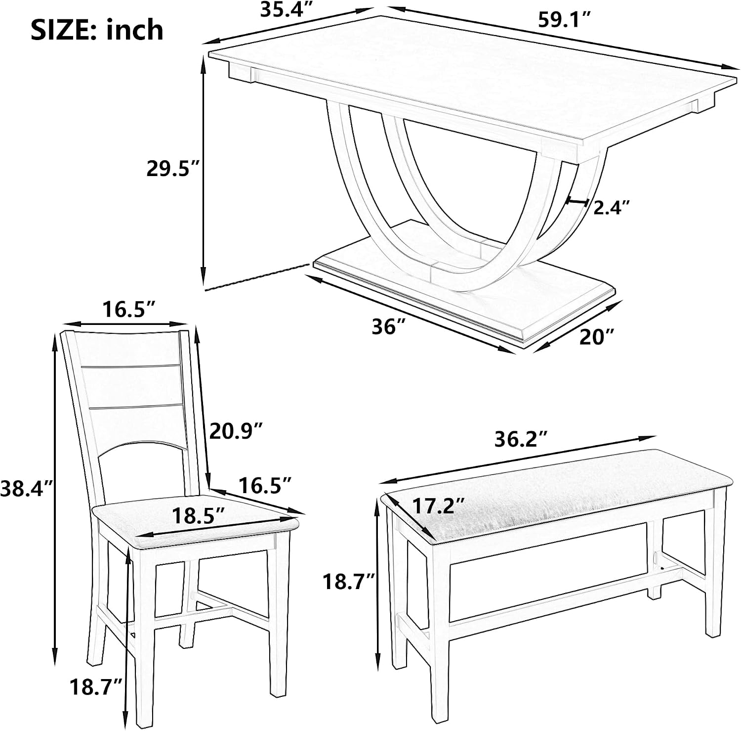 Modern Solid Wood 6-Piece Dining Table Set, Unique Design Half Round Legs Dining Table with Upholstered Dining Chairs&Bench, Kitchen Dining Room Set for 6 (Grey-Half L)
