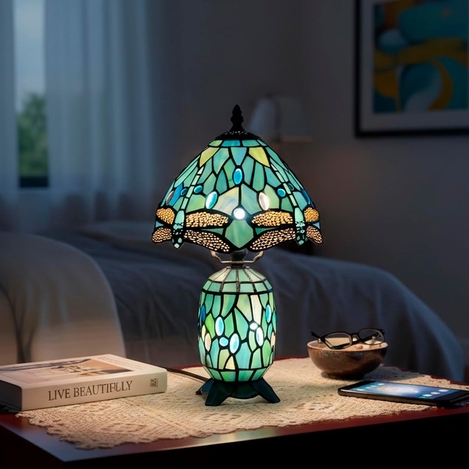 Small Tiffany Lamp Stained Glass Table Lamp Mini Mother Daughter Vase Desk Accent Light for Bedroom Bedside Reading Home Antique Style Decor 8X14 Inches (Sea Blue Dragonfly)