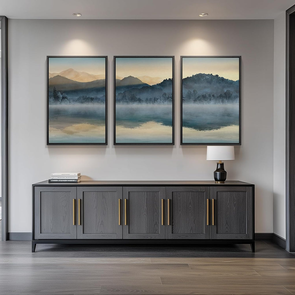 Framed Watercolor Mountain Wall Art for Living Room, Large Lake Nature Landscape Artwork for Walls, 3 Piece Blue Foggy Scenic Aesthetic Canvas Painting Prints for Office Hallway Wall Decor, 24x36 Inch