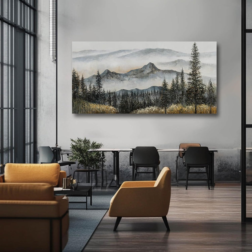 Foggy forest Wall Decor,Framed Canvas Wall Art, Large Artwork Green Mountain Pictures Boho Pine Tree Wall Painting Mountains Landscape Art for Home Living Room Office 29'x58'