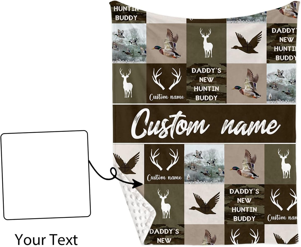 Personalized Crib Bedding Set for Baby Boys, Hunting Duck Pattern Custom Name Baby Crib Sets 5-Pcs, Double Layer Baby Blanket Fitted Sheet Changing Pad Cover Rug Wall Art Set