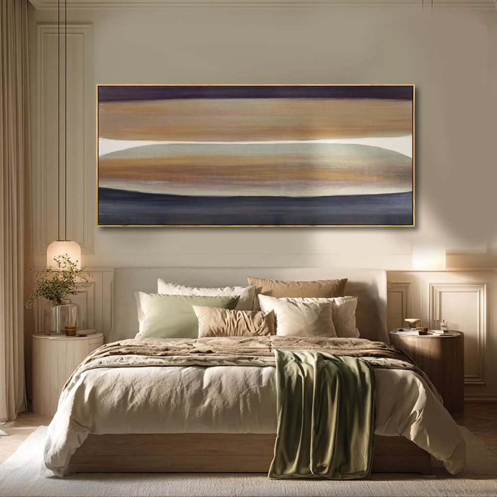 Beige Brown Hand-painted Canvas Wall Art, 32x70 Inch Framed Horizontal Abstract Artwork with Neutral Tones for Living Room Decor