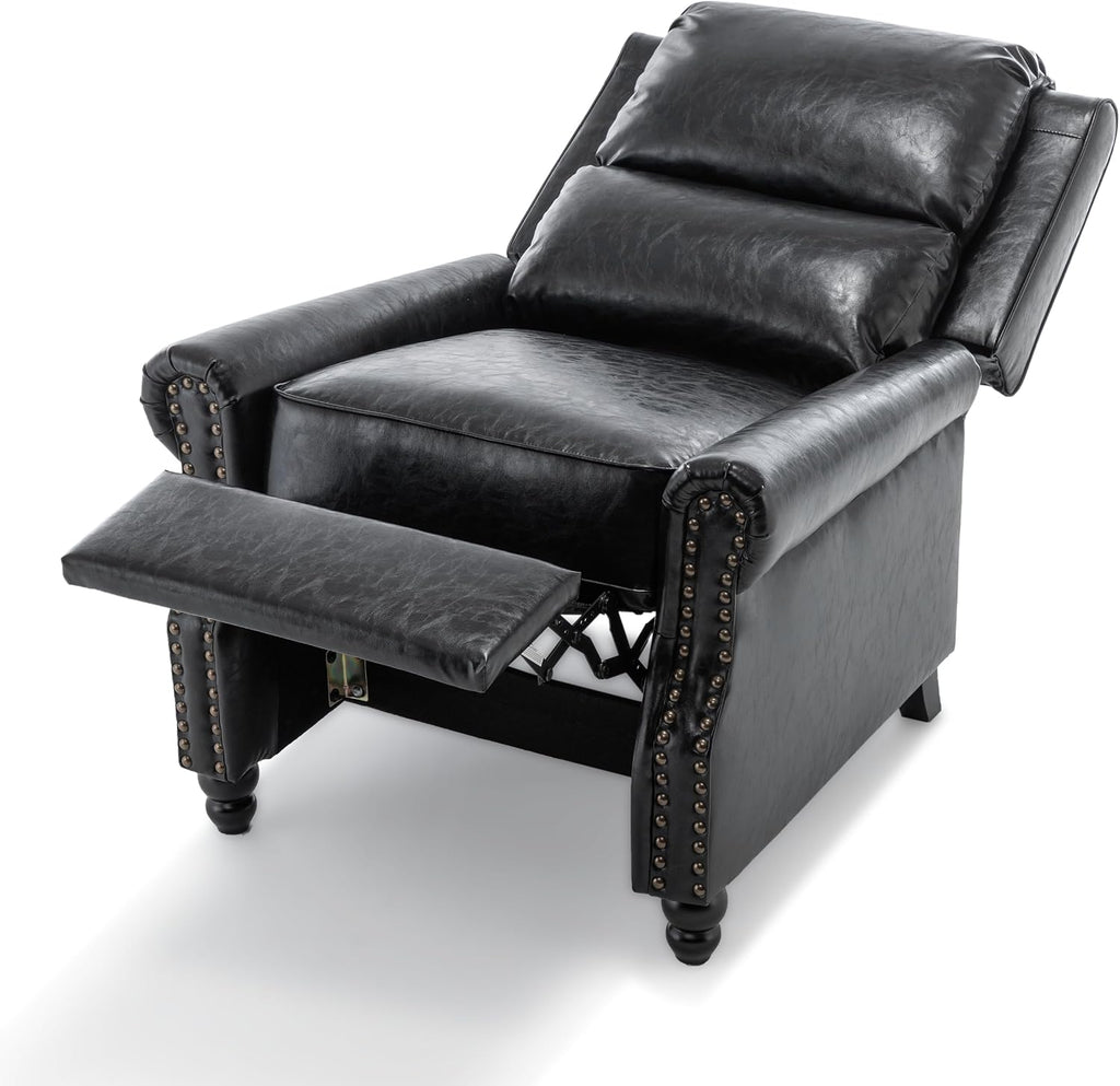 Pushback Recliner Chair, Faux Leather Wingback Recliner Chair, Upholstered Armchair Push Back Recliner with Wood Legs, Rivet Trim Single Sofa Accent Chair for Living Room, Bedroom, Black