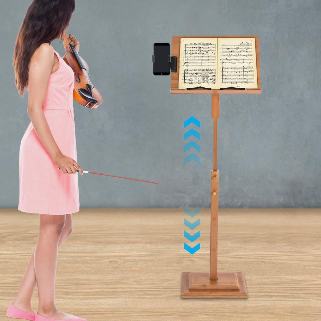 Bamboo Music Stand Adjustable Height Sheet Music Stand with Mobile Phone Holder, Anti-slip Foot Pads, Freestanding Music Stand 340° Rotatable Music Holder Rack (100-130cm)