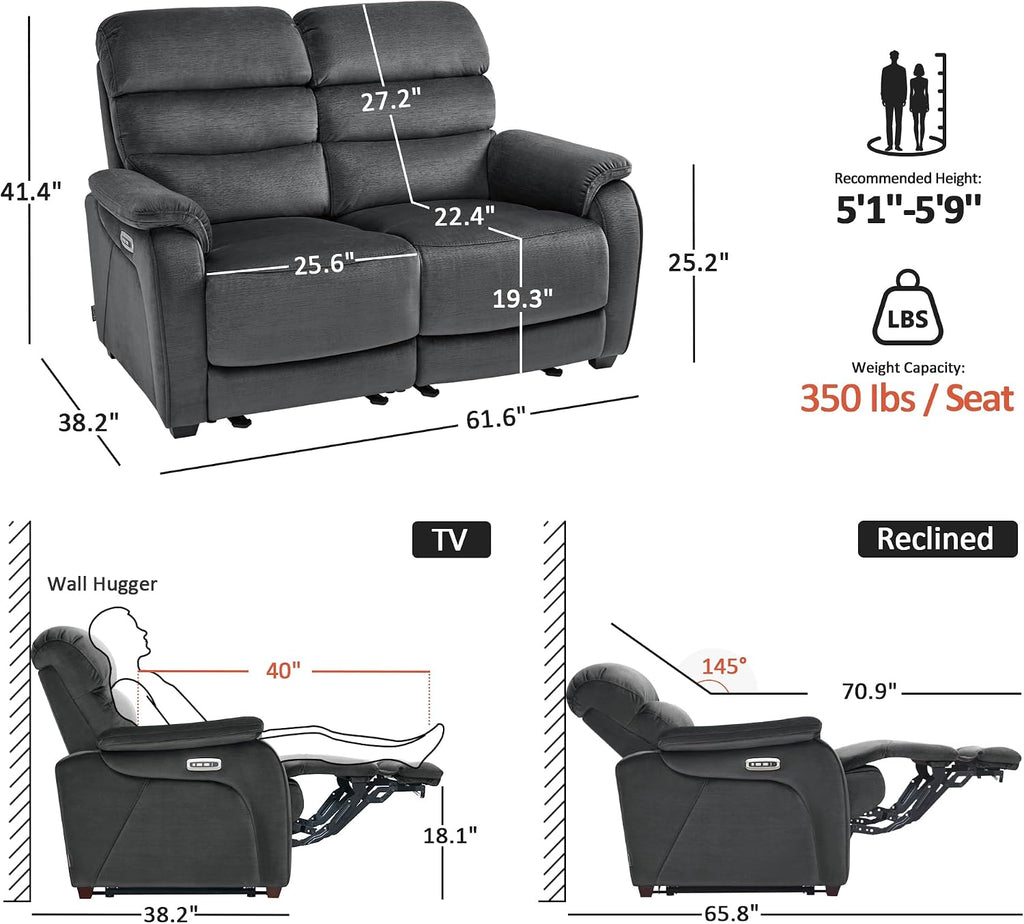 MCombo 61.6'' Wall Hugger Power Loveseat Recliner, Reclining Loveseat with Adjustable Headrest, USB Charge Ports, Wood Legs for Living Room, RVs, Small Spaces, Fabric ST258M1 (Loveseat, Dark Grey)