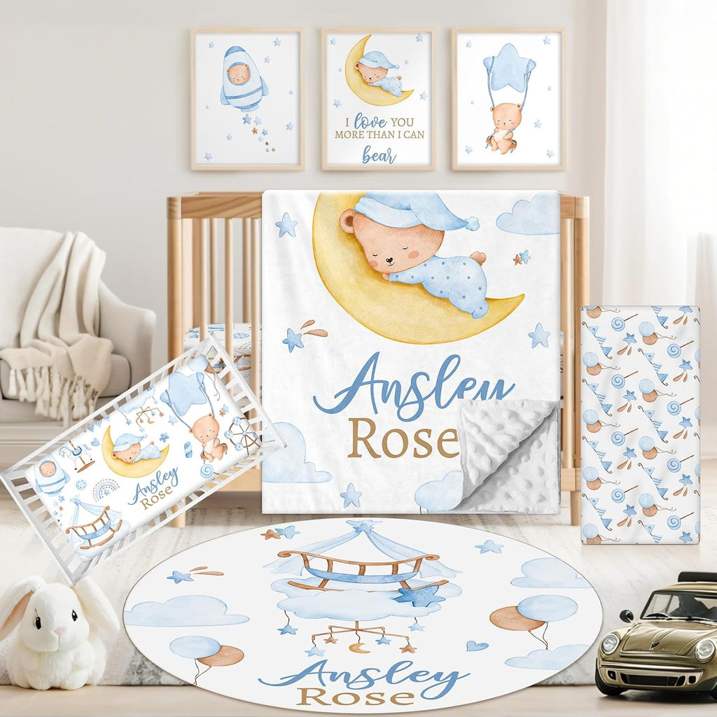 Custom Baby Crib Bedding Set, 5 PCS Personalized Name Baby Crib Sets for Girls Boys, Blue Bear Theme Nursery Bedding Sets for Infant Toddler, Double Layer Flannel Bed Set Customized Gifts