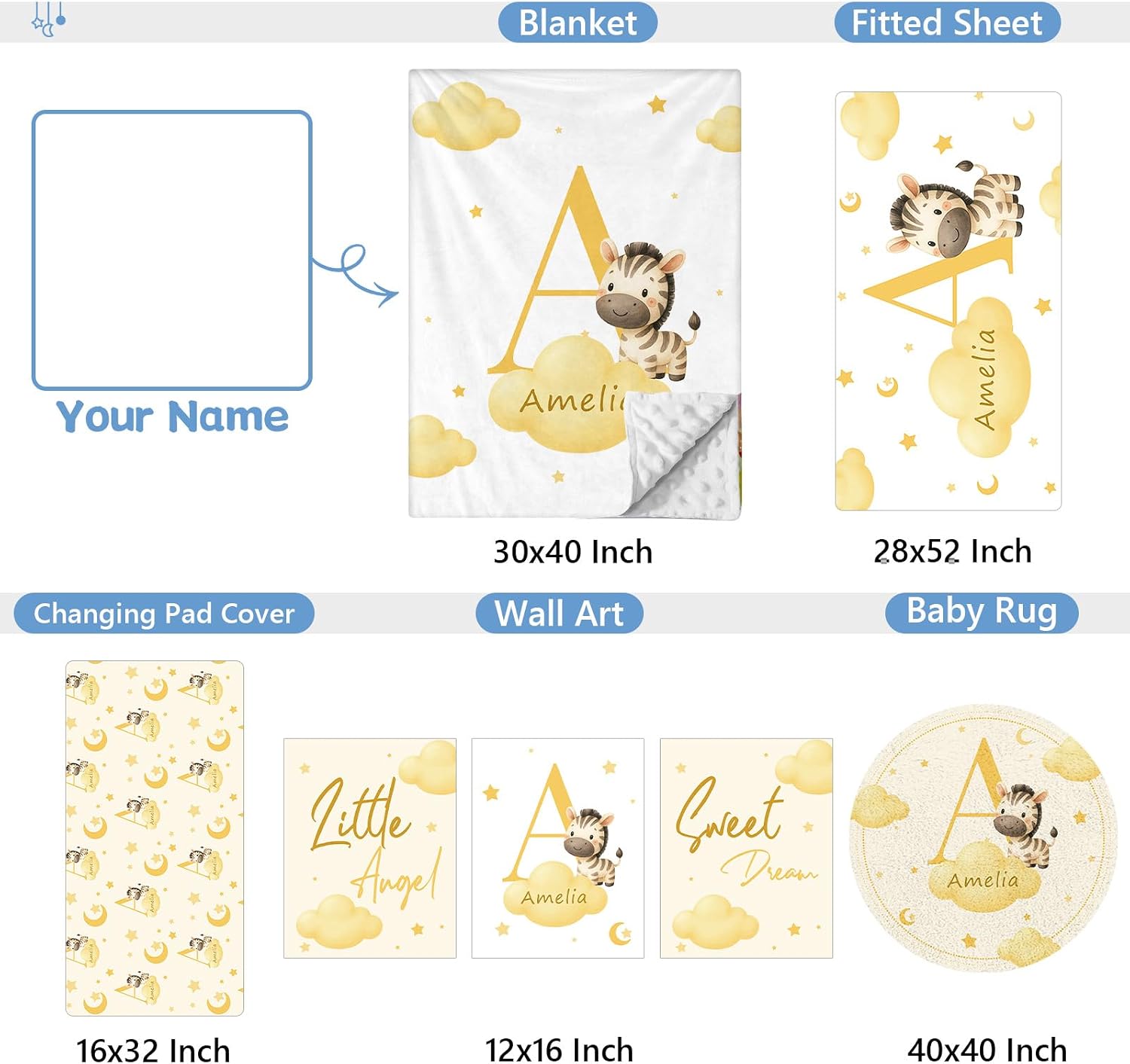 KAINSY Custom Crib Bedding Set, 5 Pcs Personalized Name Monogram Baby Crib Sets for Infants Toddlers, Yellow Zebra Nursery Bedding Set for Boys Girls, Double Layer Baby Bedding Sets Customized Gifts