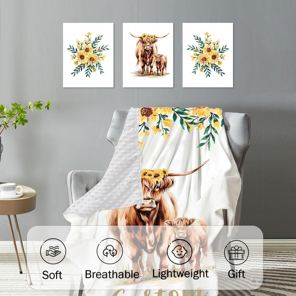 Personalized Nursery Crib Bedding Set: Custom Name Yellow Floral 5 Piece Baby Crib Sets with Highland Cattle Design - Toddler Double Layer Blanket Set, Comfortable Crib Bed Sheets for Baby Grils