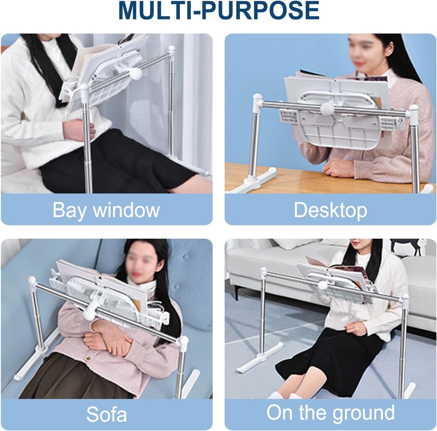 Book Stand for Reading, Book Stand in Bed, Height & Flat Plate Adjustable, Non-Slip, for Books, Sheet Music, Tablets, Mobile Phones, for Bay Window, Desktop, Sofa, Floor, Easy to Move