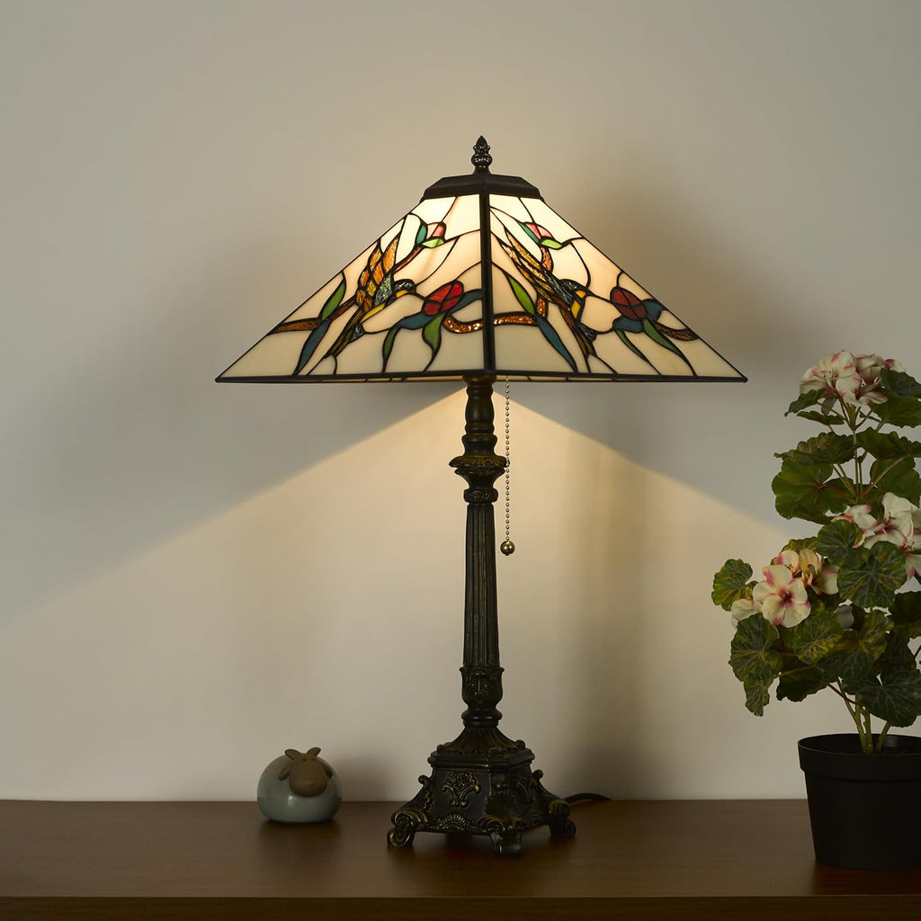 Tiffany Table Lamps White Stained Glass Hummingbird Style Mission Desk Lamp 12X12X24 Inch Bronze Resin Base