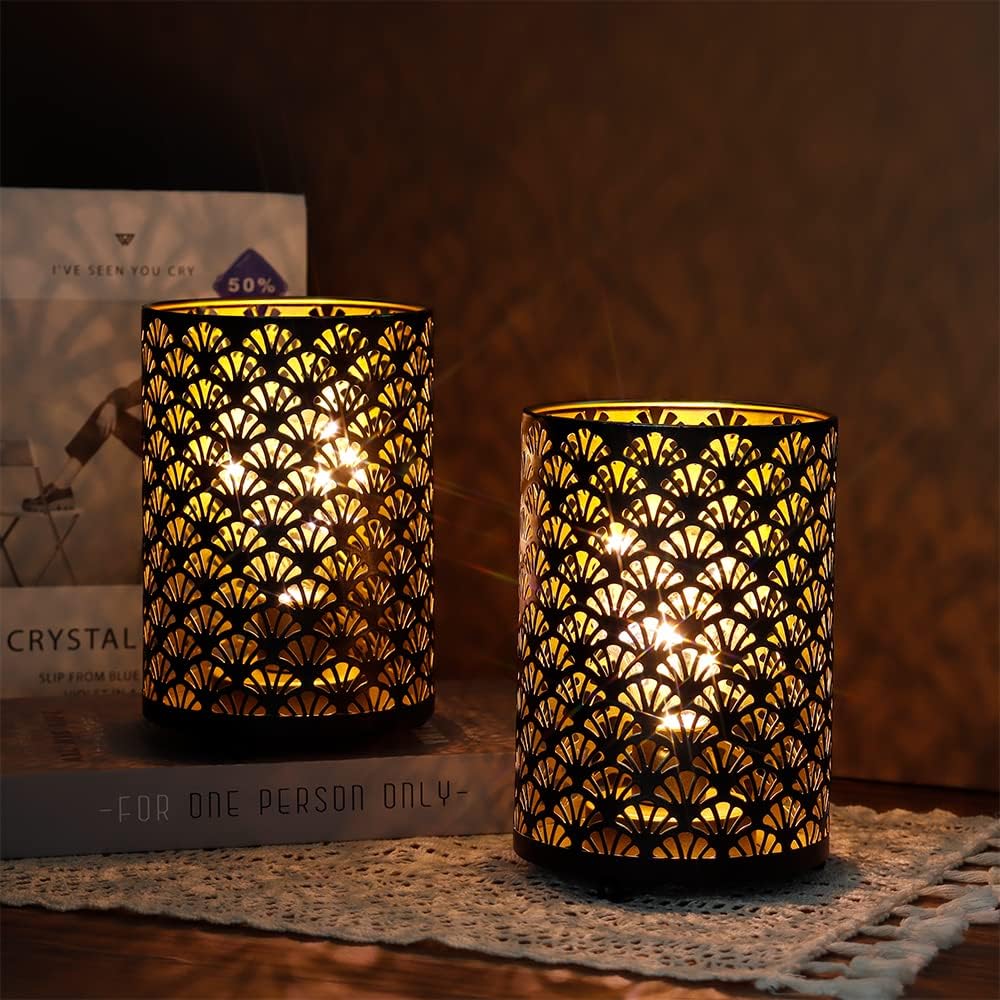 TRIROCKS Set of 12 Table Lamp 6.5'' Tall Metal Cordless Table Lamp Bronze Lanterns with Warm Fairy Lights Bulb for Patio Garden Wedding Parties Indoor Outdoor(Scalloped Hollow Pattern)