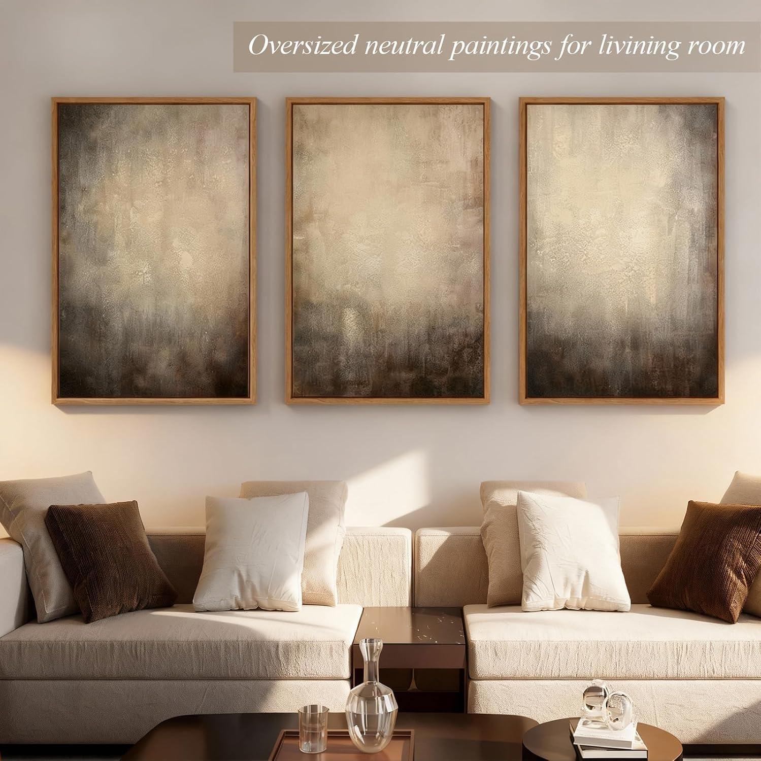 Vaskuro Extra Large Framed Art, Handmade Textured Canvas Paintings, Neutral Abstract Light Brown Wall Decor for Living Room, 3 Pcs,24x36In, Modern Minimalist Cozy Artwork for Bedroom