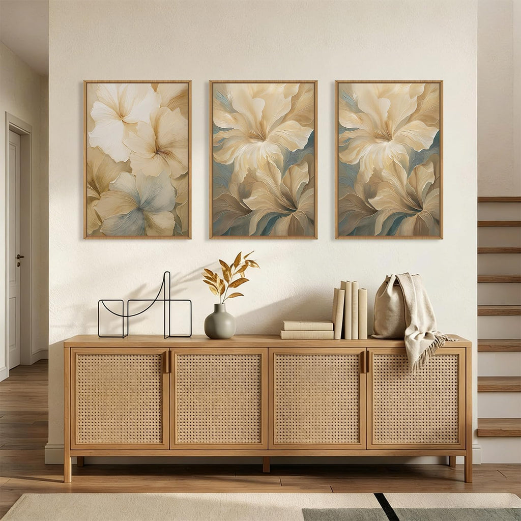 KAIRNE Neutral Beige Flower Framed Canvas Wall Art Set, Modern Magnolia Floral Wall Decor,Aesthetic Warm Wildflower Art Prints,Boho Botanical Artwork for Living Room,Bedroom,Farmhouse,Office-24'x36'x3