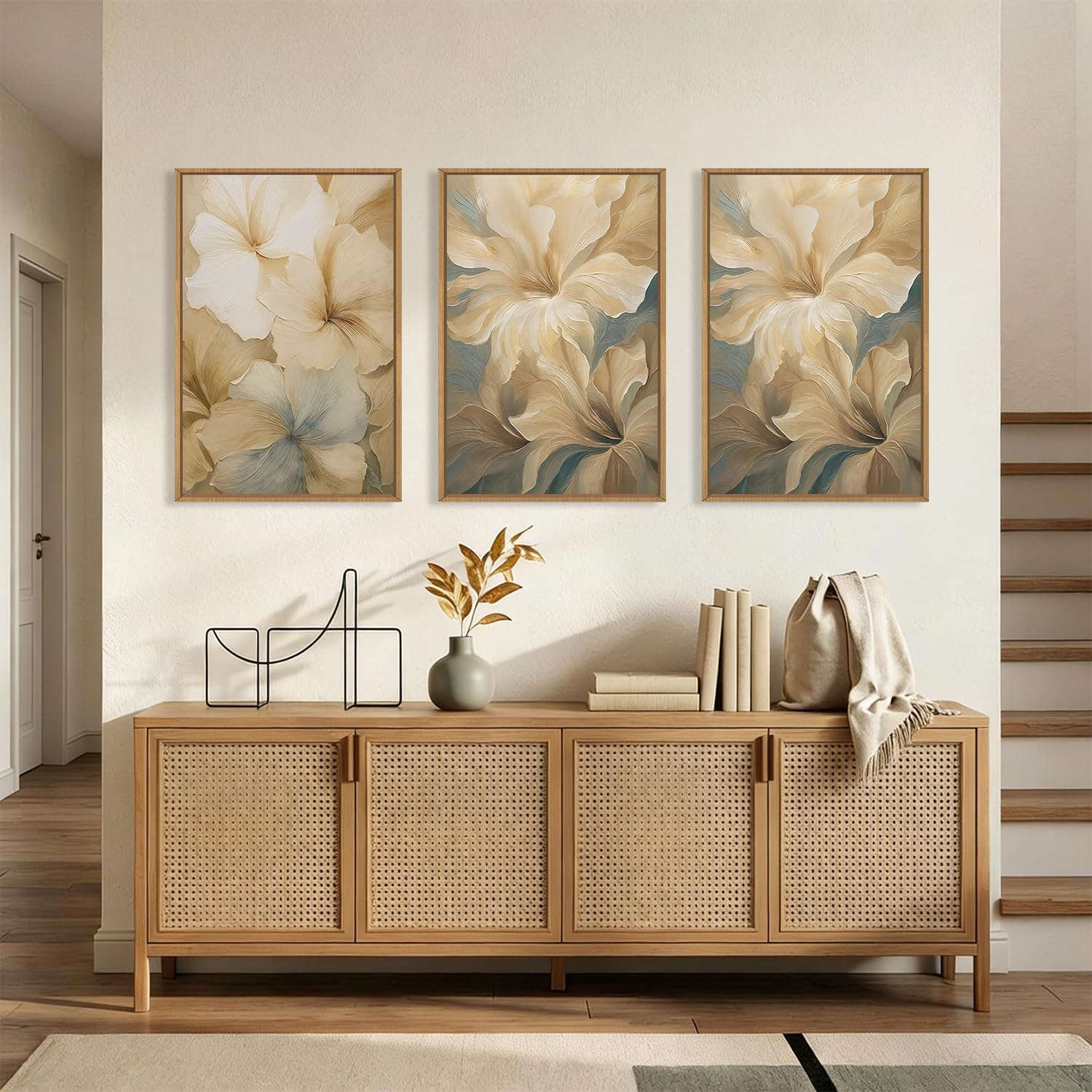 KAIRNE Neutral Beige Flower Framed Canvas Wall Art Set, Modern Magnolia Floral Wall Decor,Aesthetic Warm Wildflower Art Prints,Boho Botanical Artwork for Living Room,Bedroom,Farmhouse,Office-24'x36'x3
