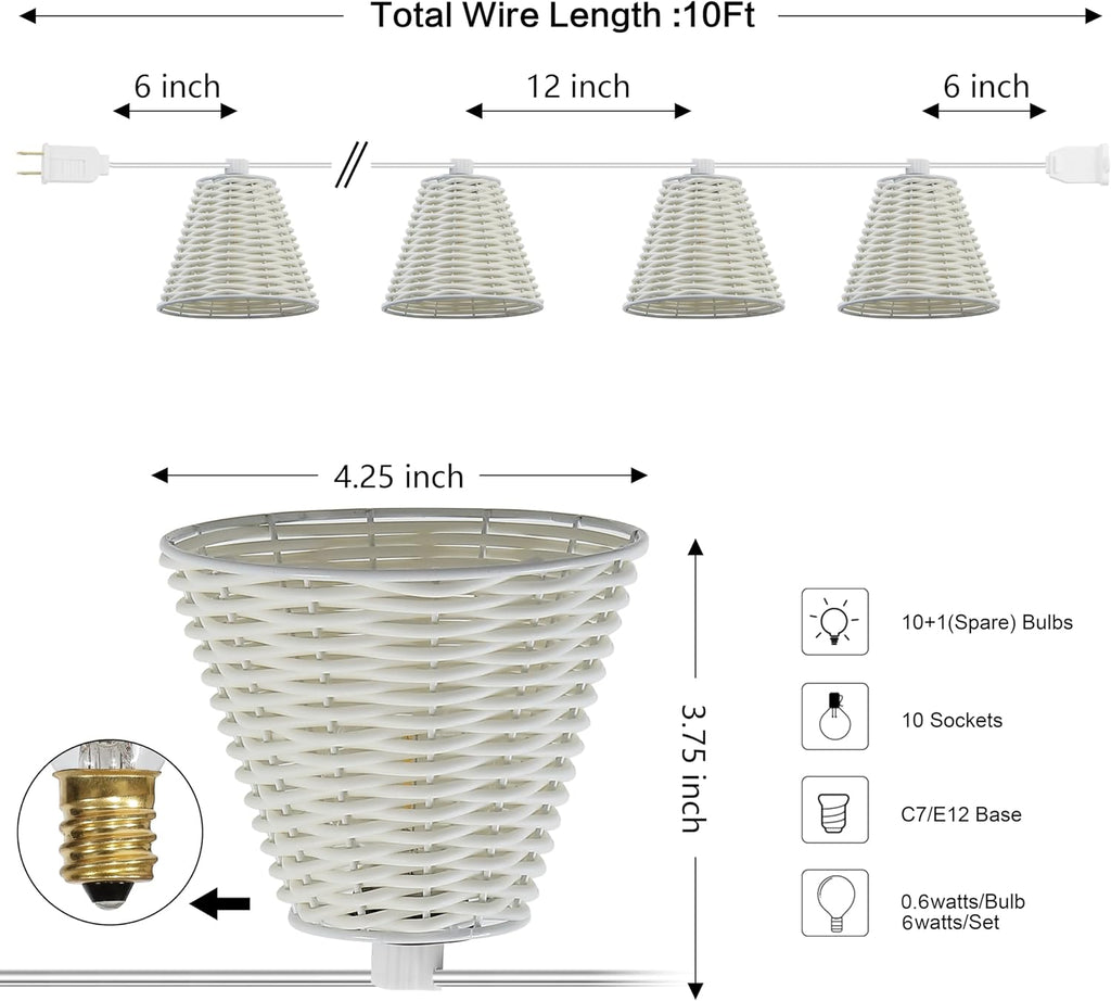 JONATHAN Y 10' White 10-Light Indoor/Outdoor LED String Lights for Patio, Classic Cottage Faux-Rattan Shaded Hanging Lights for Balcony, Deck, Coastal Decor (JYL8706B)