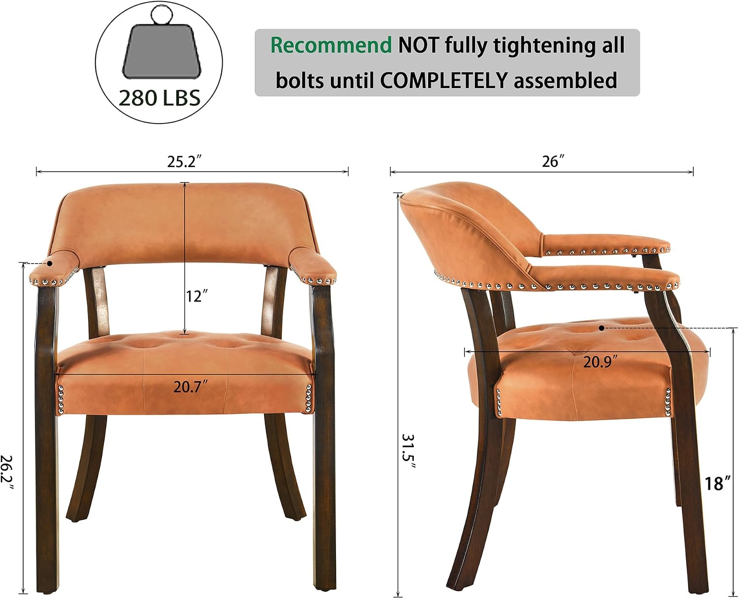 Dining Chairs with Upholstered,Office Desk Chair with Arms and Metal Rivets. PU Boss Captain's Chairs,Classic Accent Stools for Dining Room, Bedroom Brown Legs & Orange NX173-318OR