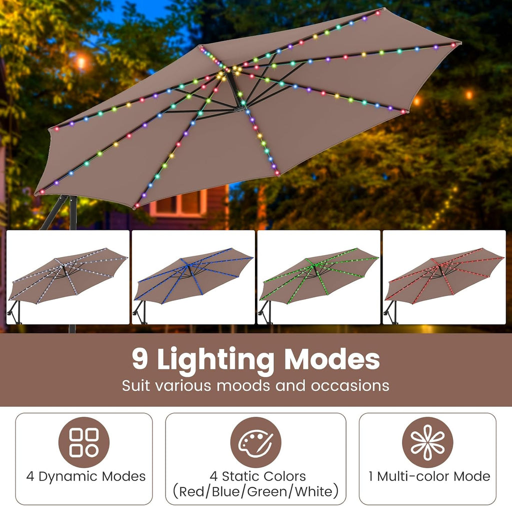 Tangkula 10 FT Solar Patio Umbrella with Base Included, Cantilever Offset Hanging Outdoor Umbrella with 96 Multi-Colored Flowing LED Lights, 9 Modes, Tilt Adjustment, 360° Rotation, Crank for Pool Yard Deck Lawn (Coffee)