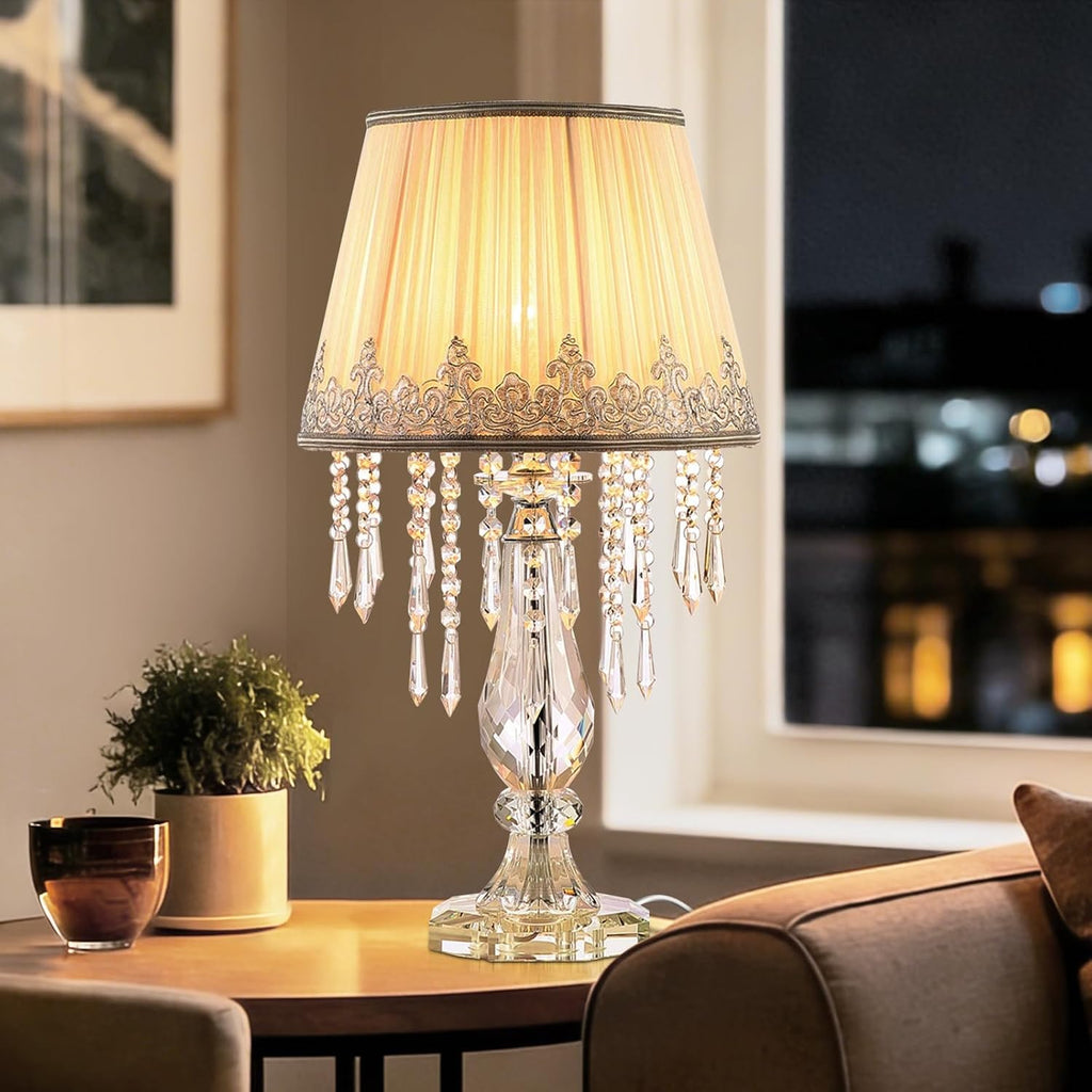 Crystal Bedside Table Lamp, Dimmable Table Lamp Set of 2 with Ruched Fabric Lampshade, Elegant Plug-in Chandelier Nightstand Lamp for Living Room Girls Room, W 12.6' X H 22.8'