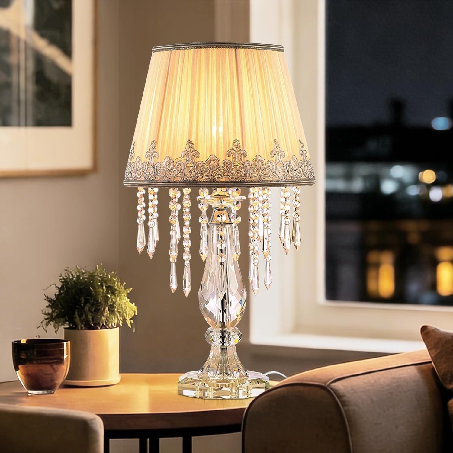 Crystal Bedside Table Lamp, Dimmable Table Lamp Set of 2 with Ruched Fabric Lampshade, Elegant Plug-in Chandelier Nightstand Lamp for Living Room Girls Room, W 12.6' X H 22.8'