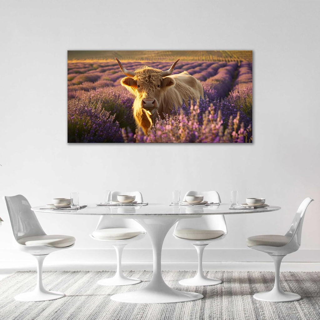Large Highland Cow Wall Art Lavender Cow Pictures Wall Decor Country Landscape Cattle Canvas Painting Print Home Modern Artwork Decorations Framed for Bathroom Living Room Bedroom Office 60 x 30 inch