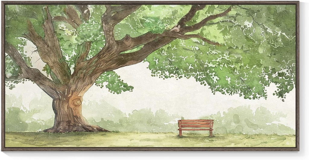 Extra Large Framed Landscape Canvas Wall Art for Living Room - Contemporary Big Tree Shade Sage Green Painting with Park Bench, Nature Artwork Prints for Bedroom Home Office Nursery Hallway 30x60 Inch