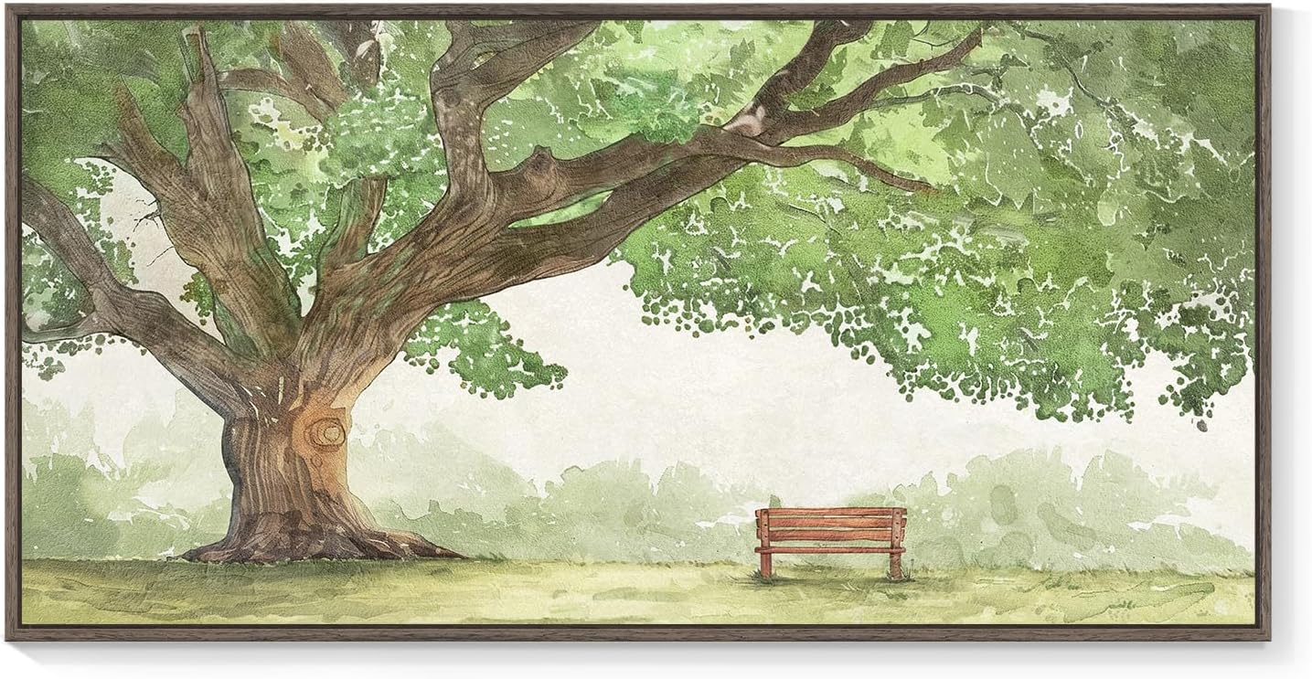 Extra Large Framed Landscape Canvas Wall Art for Living Room - Contemporary Big Tree Shade Sage Green Painting with Park Bench, Nature Artwork Prints for Bedroom Home Office Nursery Hallway 30x60 Inch