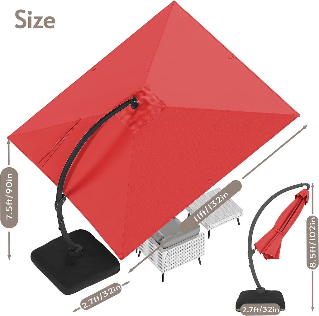 ENSTVER 11x11ft Large Cantilever Umbrella With Base Included & Solar Powered Led Lights, Deluxe Curvy All-Aluminum Rectangular Patio Umbrella For Deck, Pool And Backyard (Red)