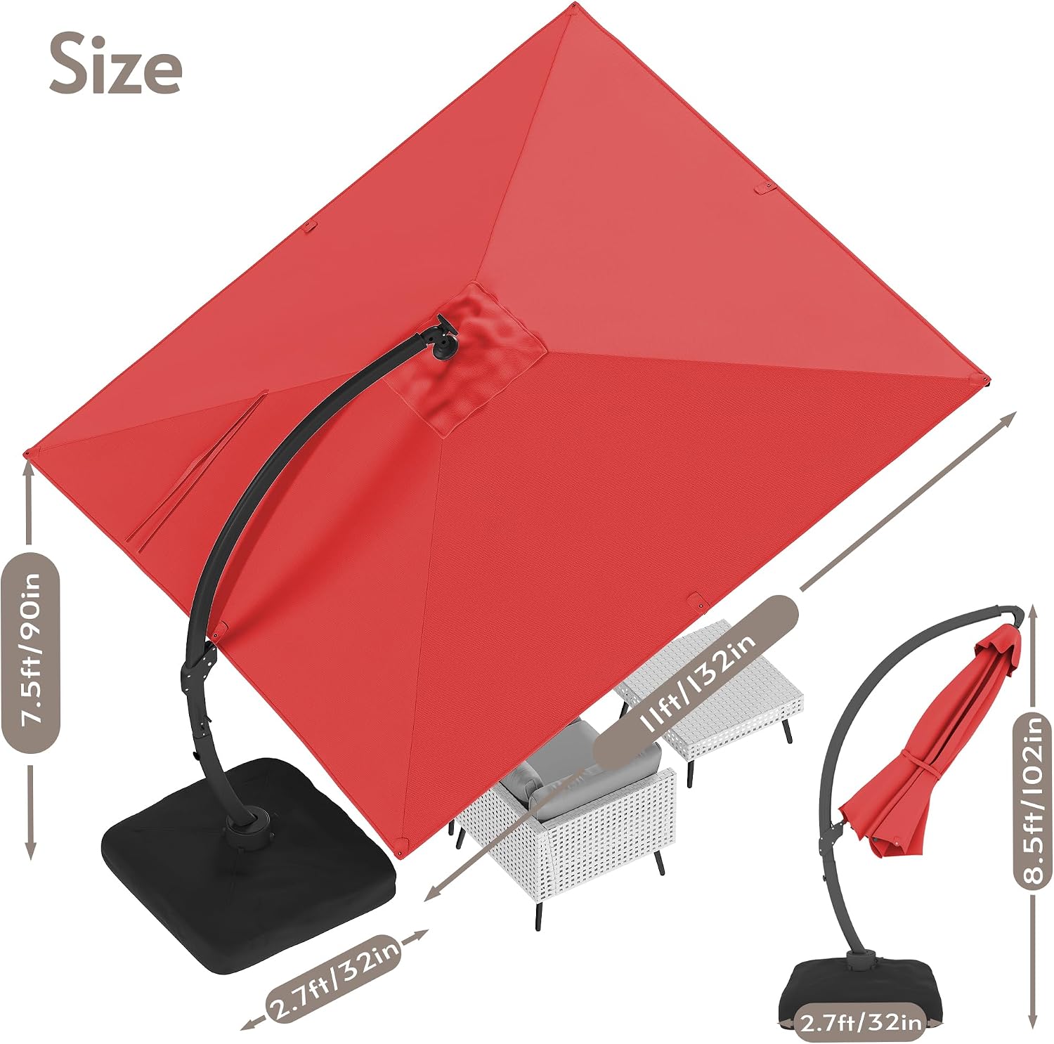 ENSTVER 11x11ft Large Cantilever Umbrella With Base Included & Solar Powered Led Lights, Deluxe Curvy All-Aluminum Rectangular Patio Umbrella For Deck, Pool And Backyard (Red)
