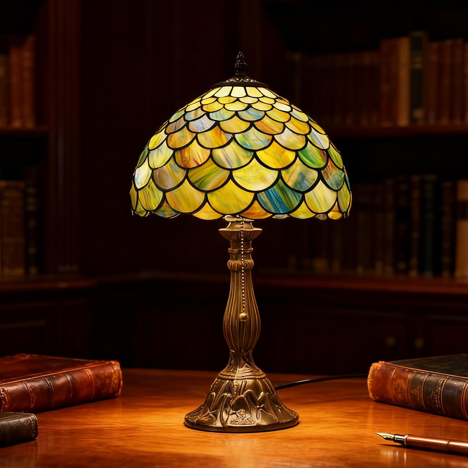 MOAN Lamp Stained Glass Table Lamp 12X12X19 Inch Bedside Reading Light Antique Bronze Base(Green Fish Scale Style)
