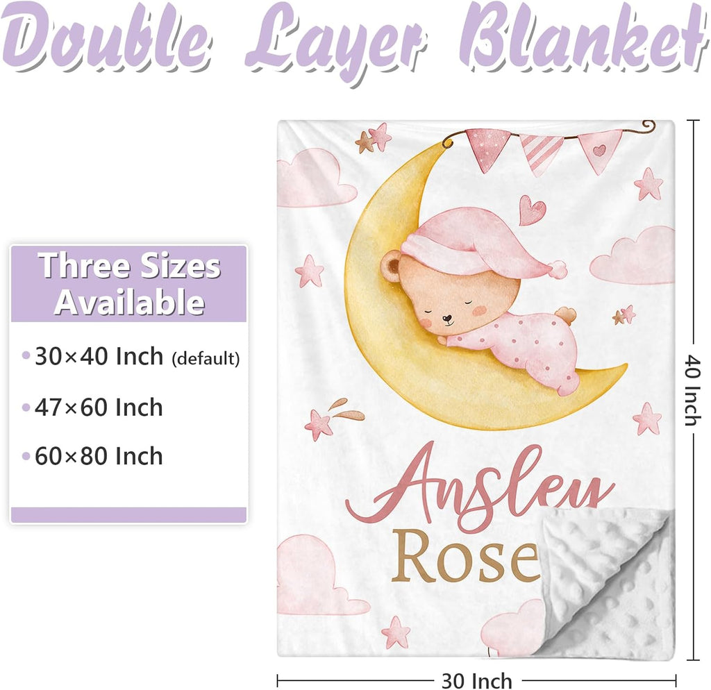 Custom Baby Crib Bedding Set, 5 PCS Personalized Name Baby Crib Sets for Girls Boys, Pink Bear Theme Nursery Bedding Sets for Infant Toddler, Double Layer Flannel Bed Set Customized Gifts