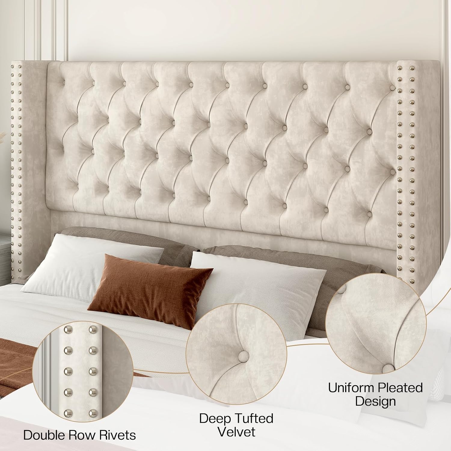 Jocisland King Size Bed Frame Velvet Upholstered Platform Bed with 51.6' Tall Wingback Headboard Deep Button Tufted, No Box Spring Needed, Cream