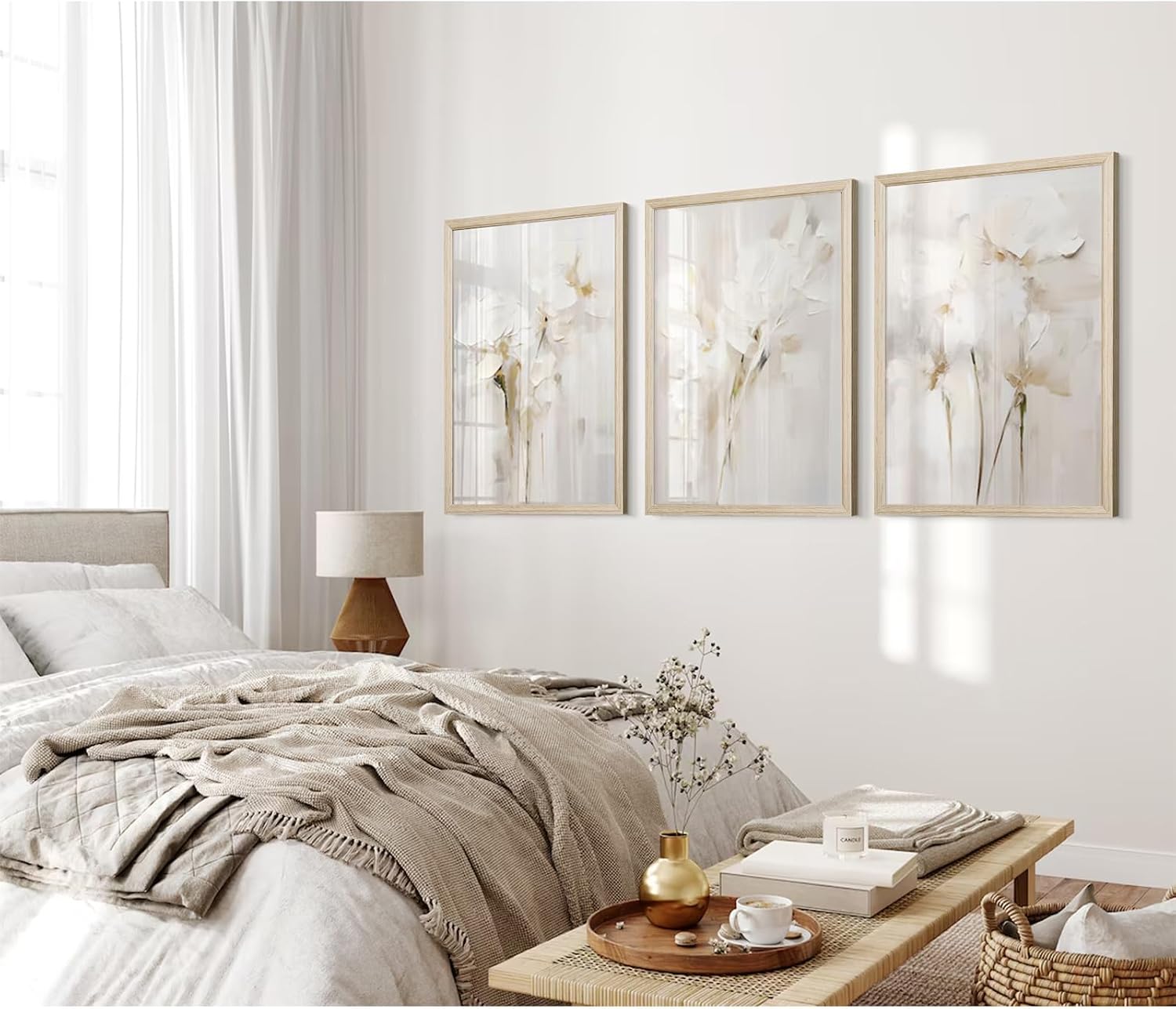 Neutral Wall Art Abstract Floral Canvas Pictures Beige Flower Wall Decor Modern Painting Minimalist Poster Abstract Botanical Prints White Artwork for Bedroom Living Room 24x36x3 Inch Wood Framed