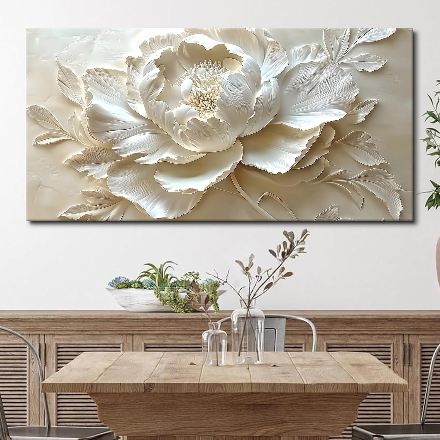 MooMel Large Framed Abstract White Flower Wall Art, Modern Canvas Wall Decor for Living Room Bedroom Dining Room Home Office, 29x58 Inch.