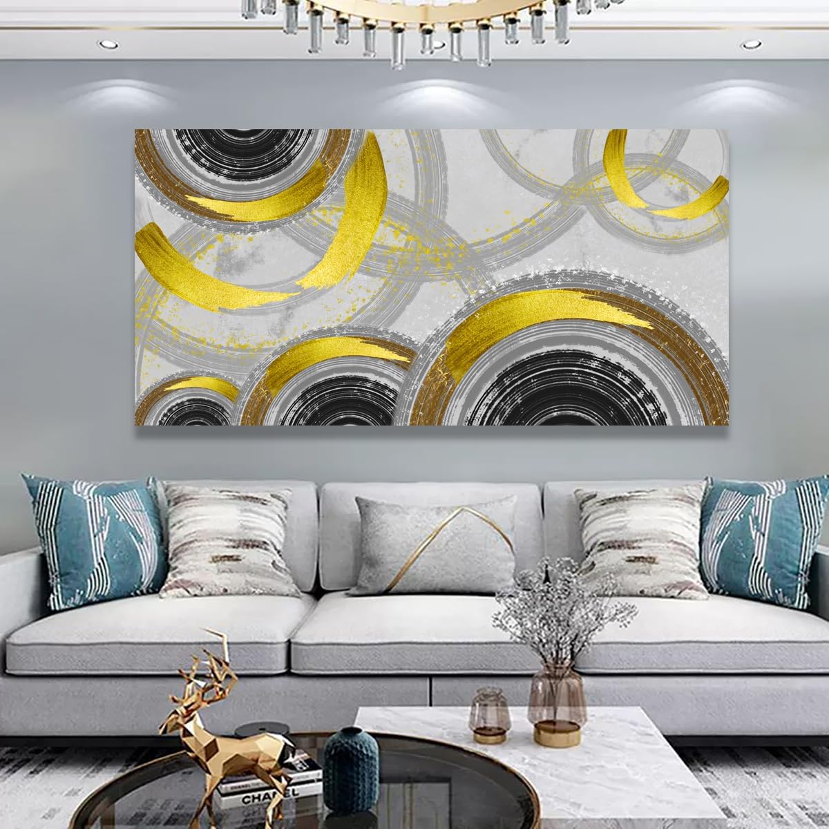 Yellow Abstract Smart Line Pictures Canvas Wall Art for Living room Bedroom Wall Decor,Smart Line Wall Art Print Paitnings for home Decor,Morden Artwork Line Drawing Canvas Art -70x35inches